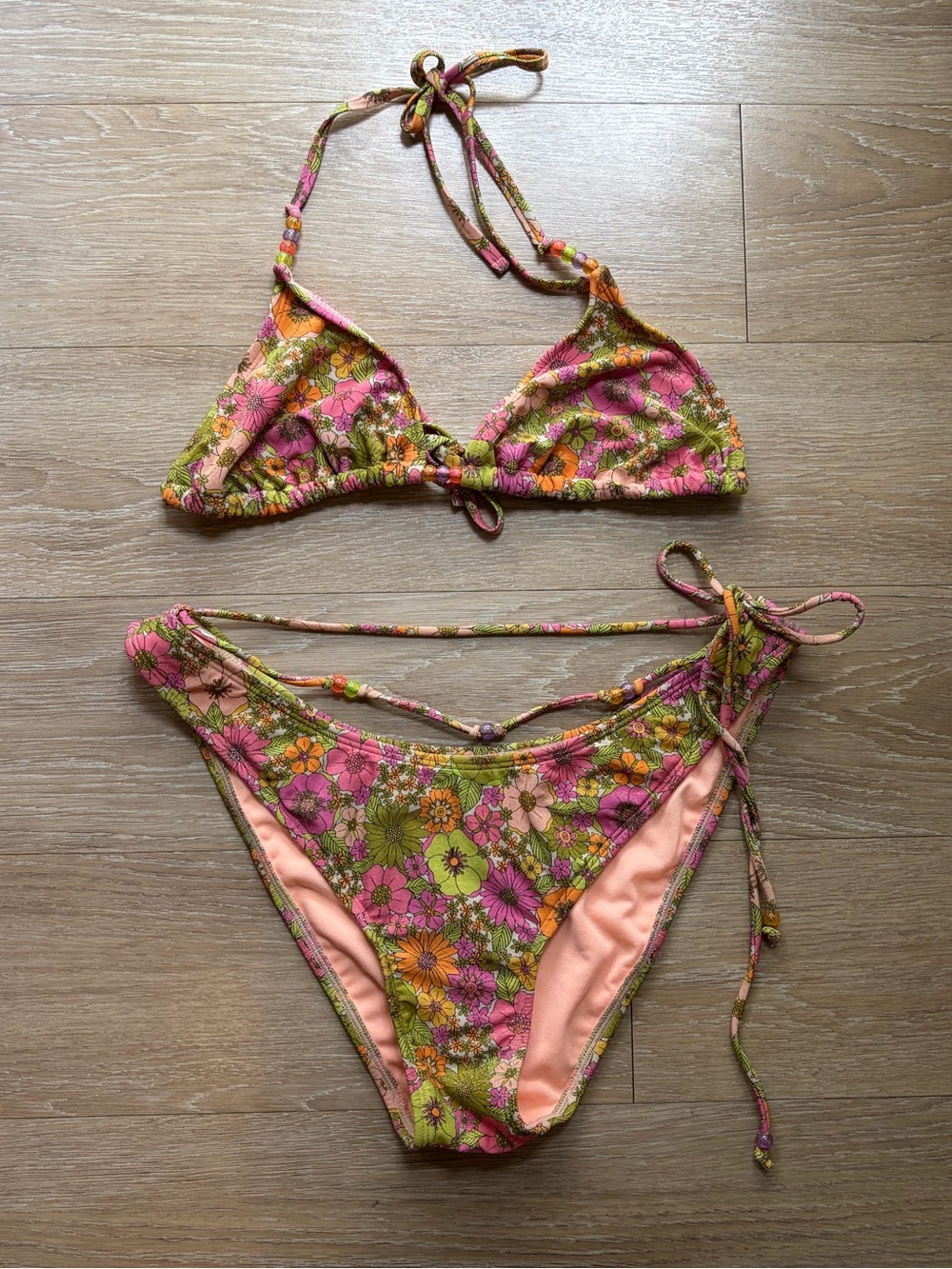 Floral Shimmer Triangle Bikini Set w/ Beaded String Details